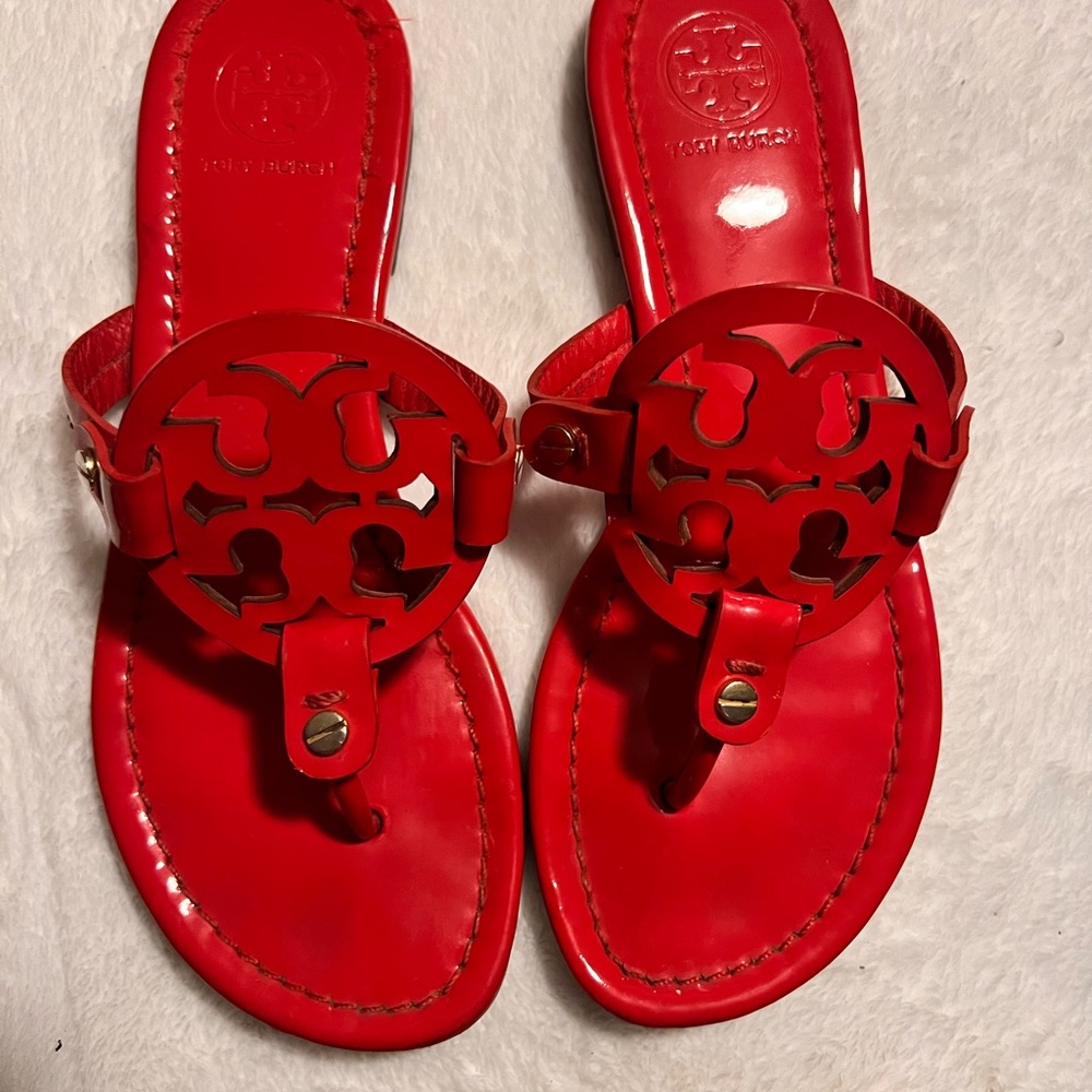 Tory Burch Red Miller Sandals with Medallion Design